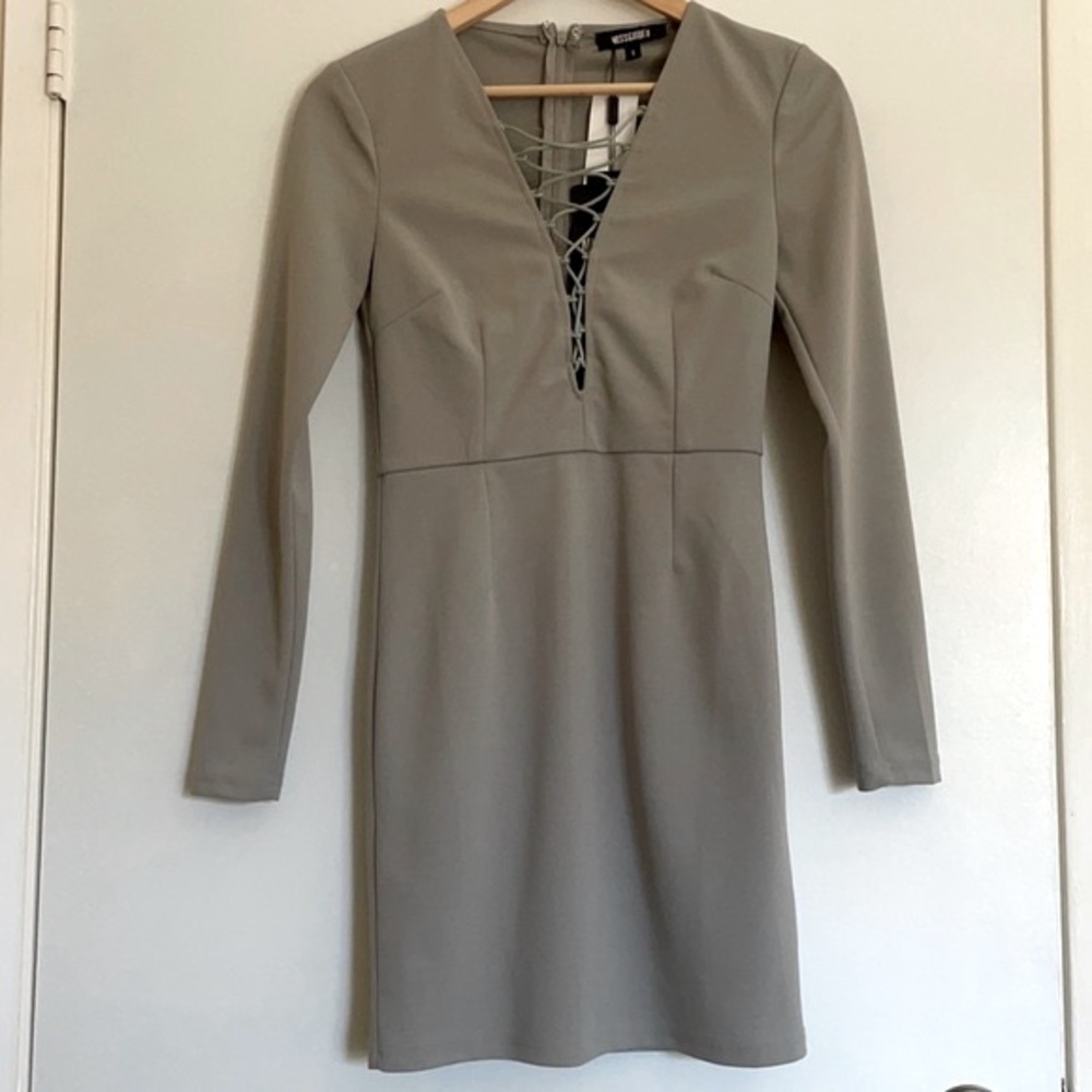 V neck grey/olive green long sleeved dress